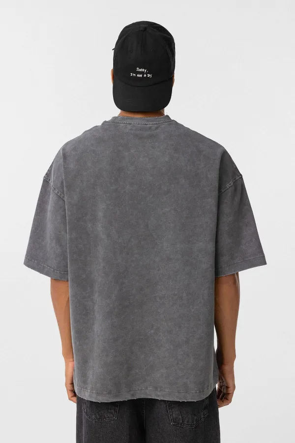 Yıkamalı Cep Detaylı Oversize Tişört Füme