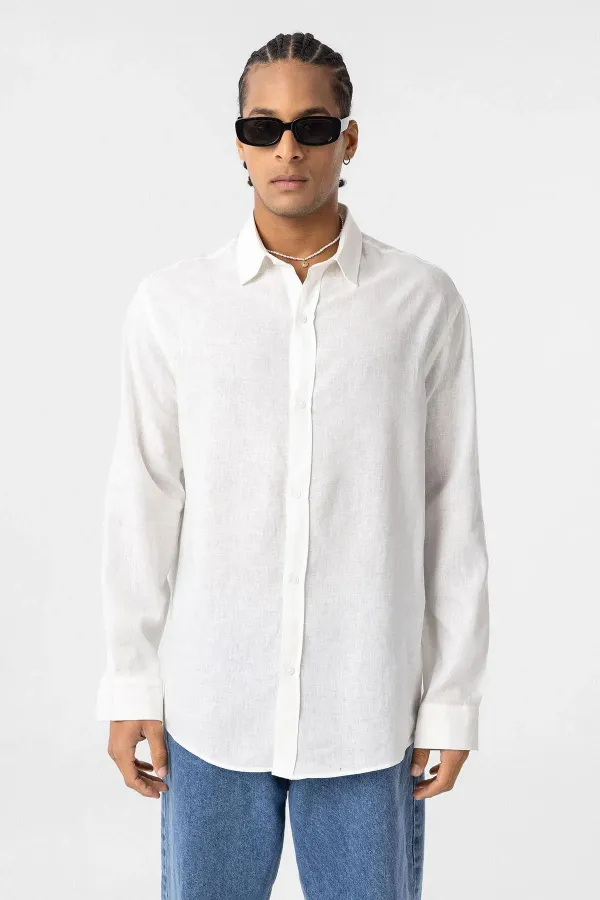 Basic Oversize Uzun Kollu Keten Gömlek Beyaz