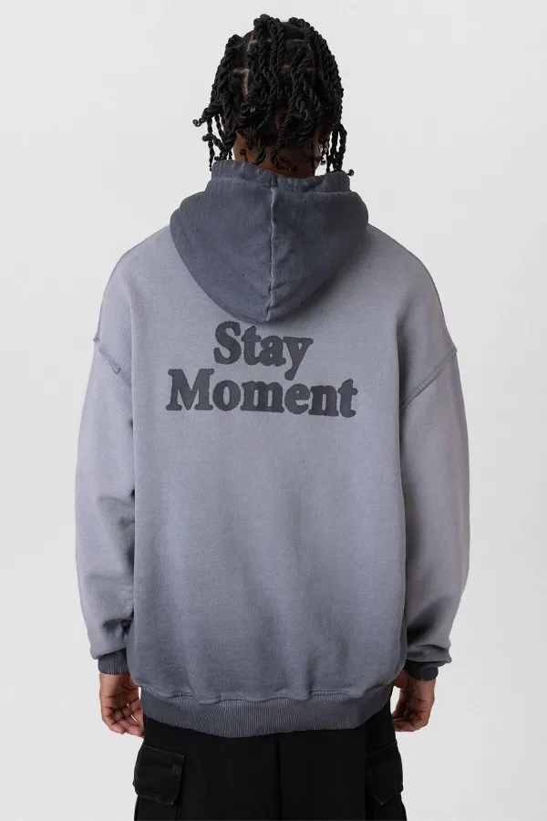 Premıum Yıkamalı Yazı Detaylı Oversize Kapüşonlu Sweatshirt Gri