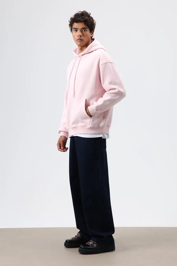 Basic Oversize Yıkamalı Hoodie Pembe
