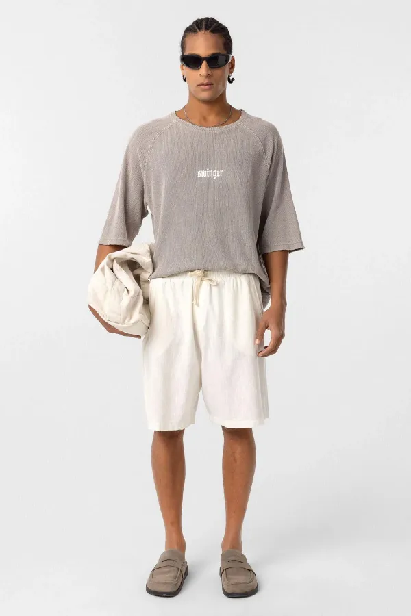 Yıkamalı Oversize Baskılı Triko Tişört Taş