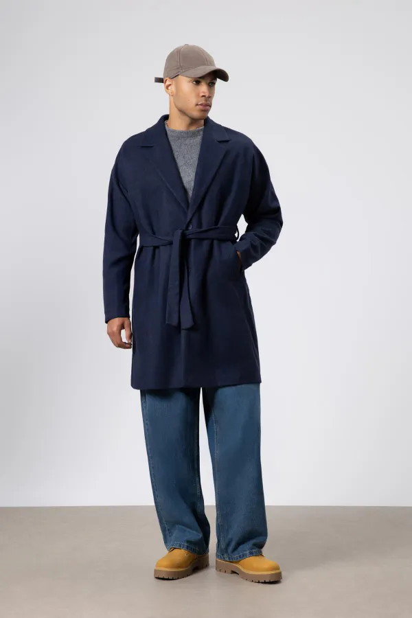 Kemerli Oversize Kaşe Kaban Lacivert