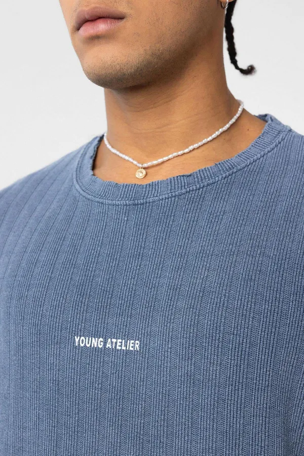 Yıkamalı Arka Baskılı Oversize Tişört İndigo