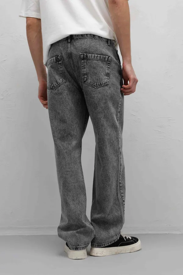 Dikiş Detaylı Relaxed Fit Jean Gri
