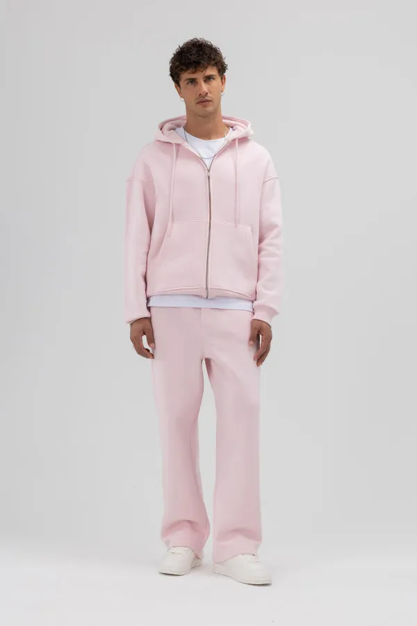 Basic Fermuarlı Oversize Kapüşonlu Sweatshirt Pembe