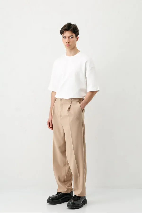 Baggy Fit Pleated Trousers Beige