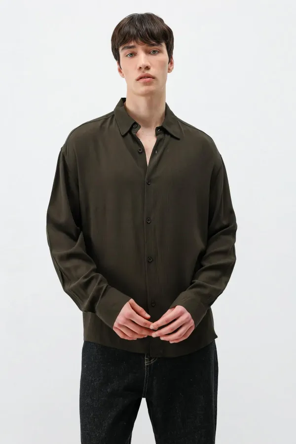 Hafif Dokulu Oversize Gömlek Kahve