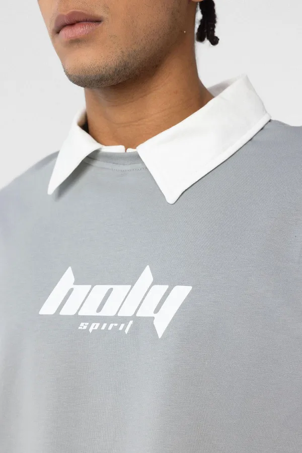 Polo Yaka Oversize Baskılı Tişört Gri