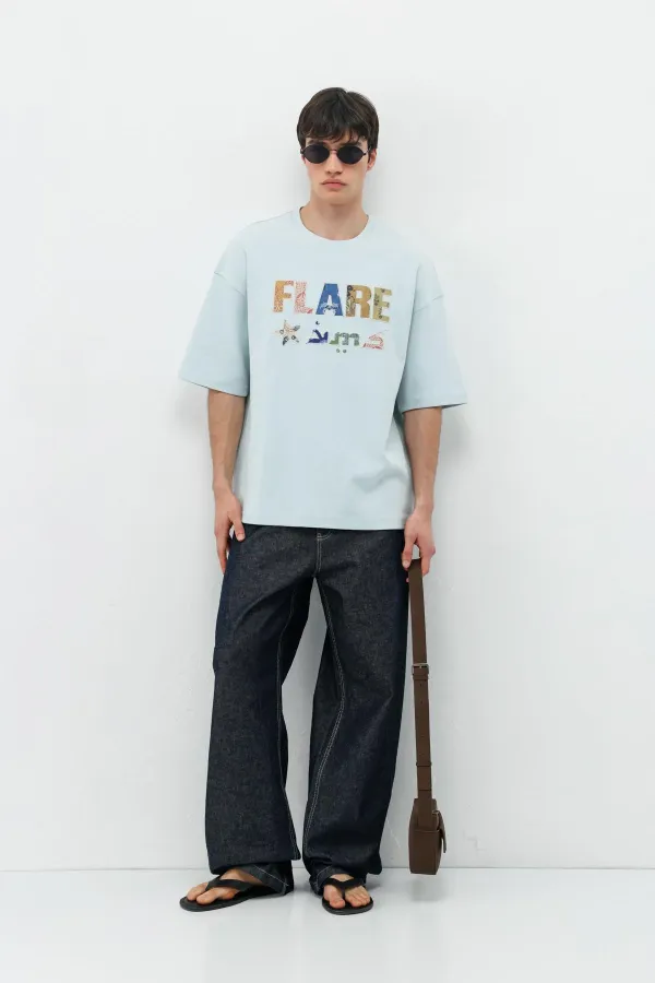 Baskılı Oversize Tişört Bebe Mavi