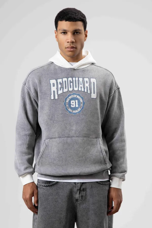 Oversize Baskılı Kapüşonlu Sweatshirt Gri