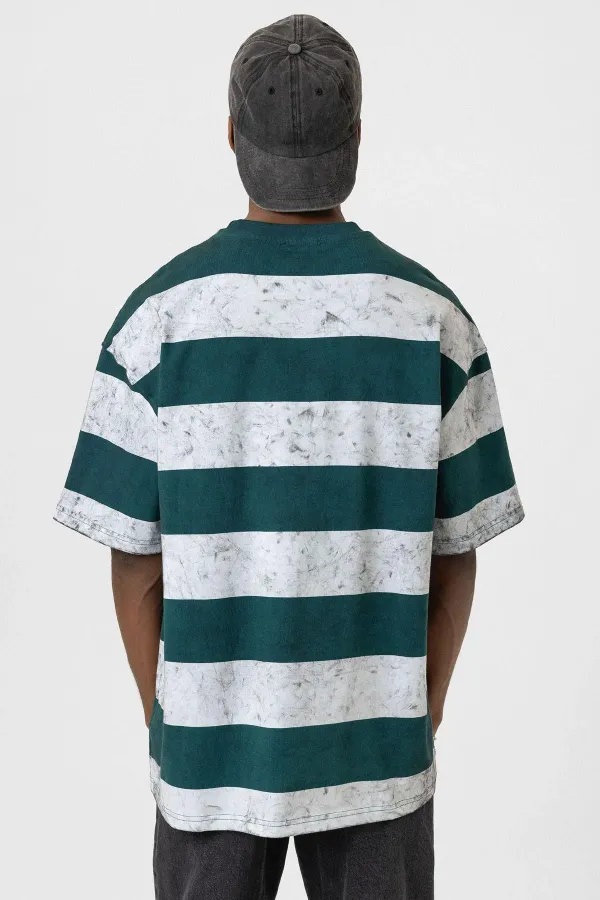 T-shirt oversize rayé délavé menthe - blanc