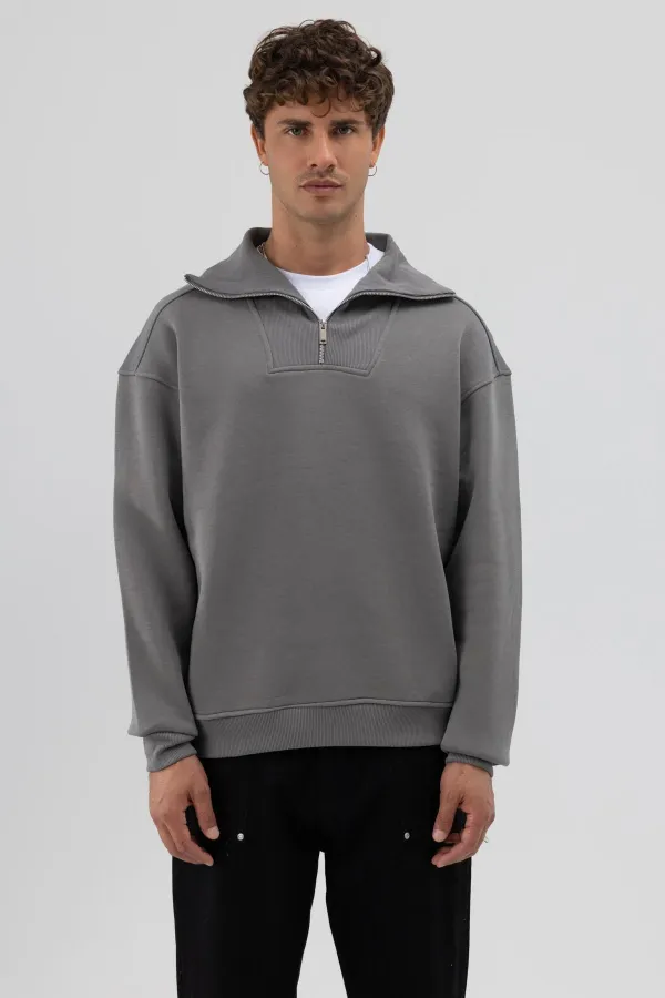 Sweat-shirt basique à fermeture éclair, gris foncé