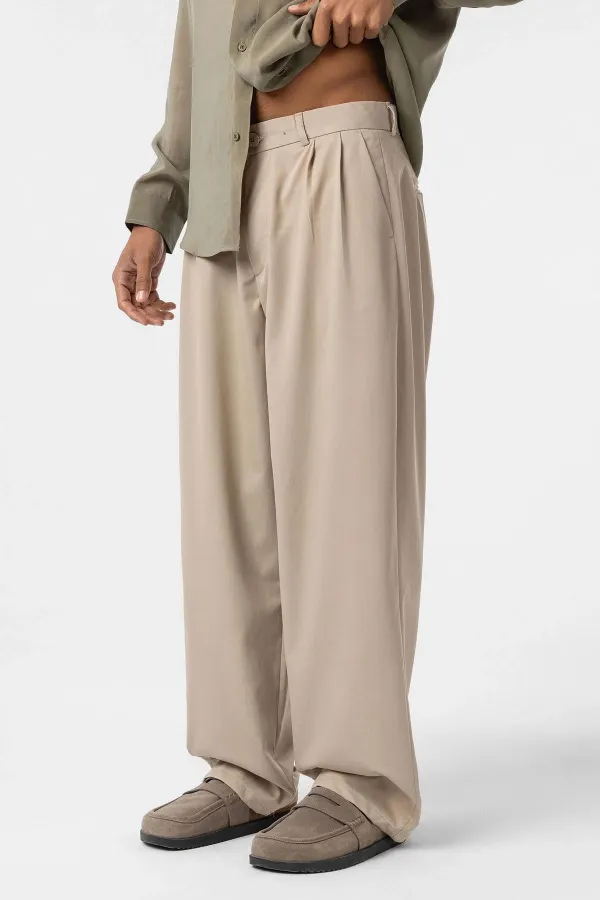 Baggy Fit Pleated Fabric Pants Stone