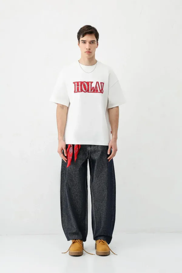 Yıkamalı Baskılı Oversize Tişört Ekru