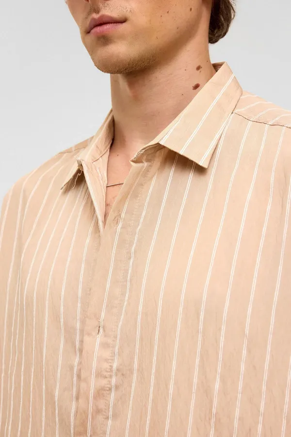 Oversize Çizgili Uzun Kol Gömlek Bej