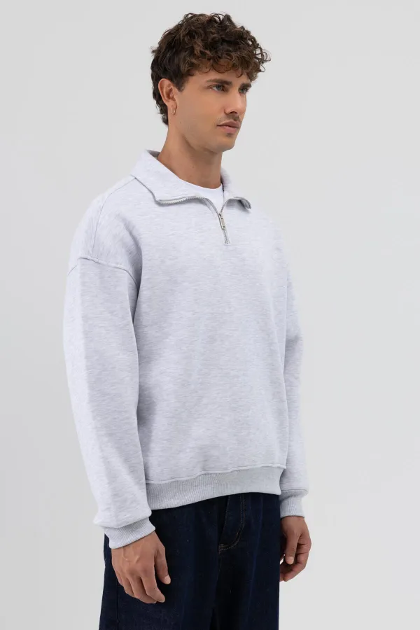 Oversize Fermuarlı Dik Yaka Sweatshirt Karmelanj