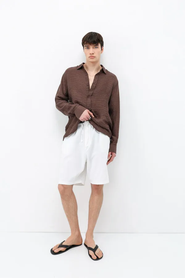 Oversize Keten Şort Ekru