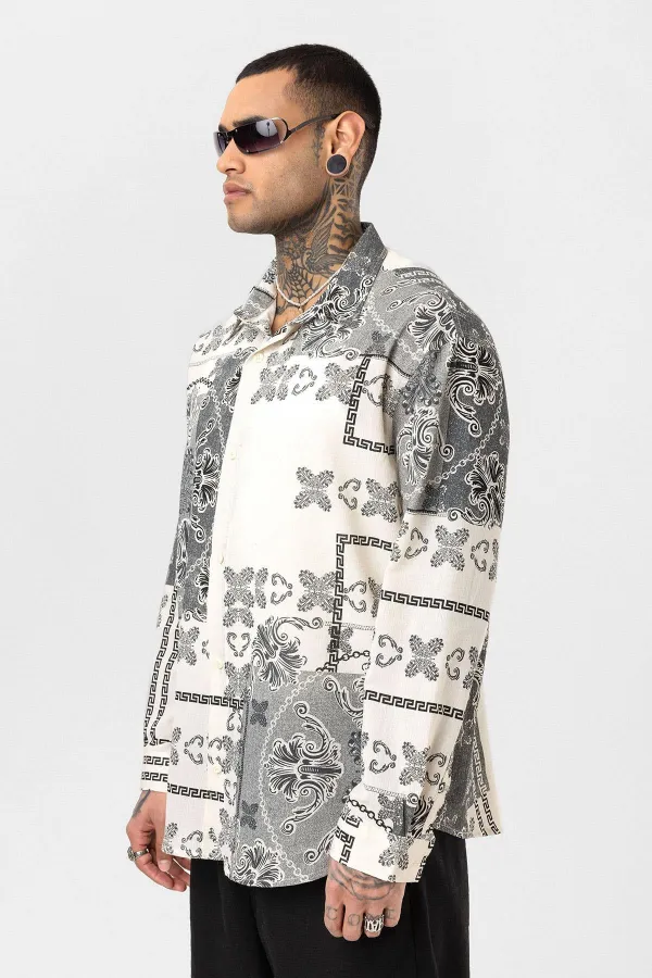 Chemise oversize à motifs ethniques, noire