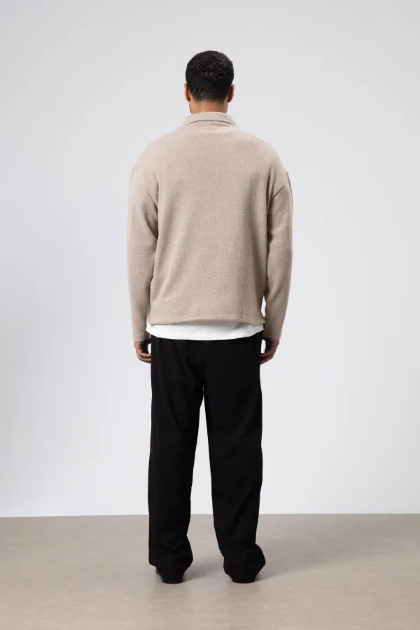 Oversize Polo Yaka Triko Kazak Vizon