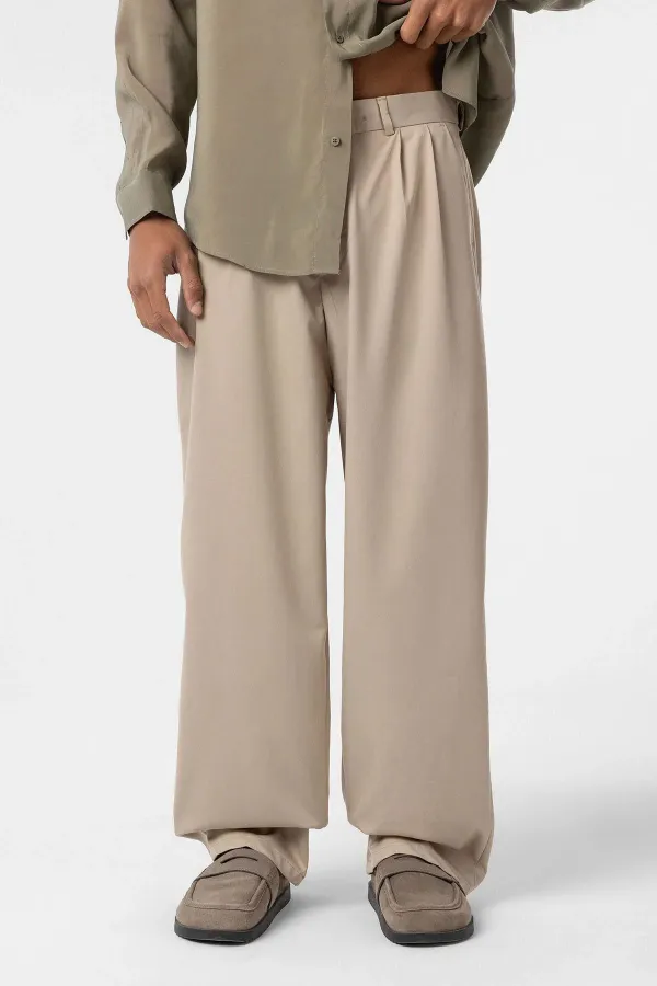 Baggy Fit Pleated Fabric Pants Stone