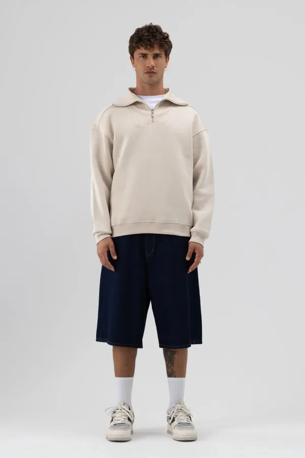 Basic Zip-Up Stand-Up Collar Sweatshirt Stone