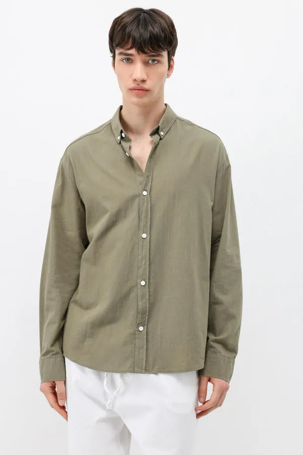 Chemise basique oversize en coton et lin kaki