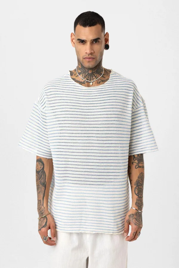 T-shirt rayé oversize en maille bleu ciel