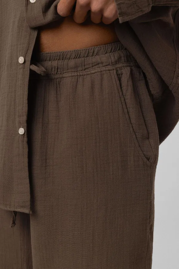 Baggy Fit Müslin Keten Pantolon Kahve