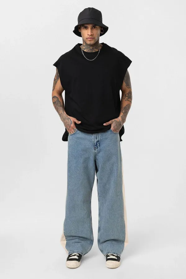 Baggy Fit Jeans with Side Stripes, Light Blue Melange