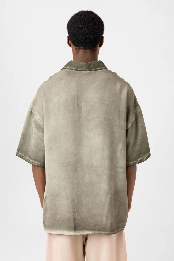Yıkamalı Kısa Kollu Oversize Gömlek Haki