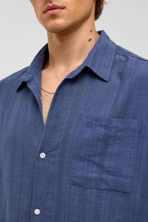 Oversize Çizgili Uzun Kollu Keten Gömlek Lacivert