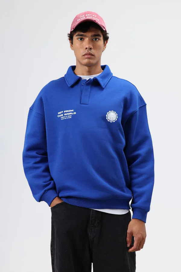 Polo Yaka Oversize Baskılı Yıkamalı Sweatshirt Saks