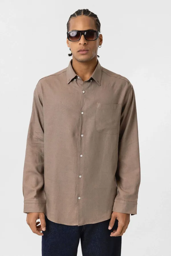 Cep Detaylı Oversize Uzun Kol Gömlek Vizon