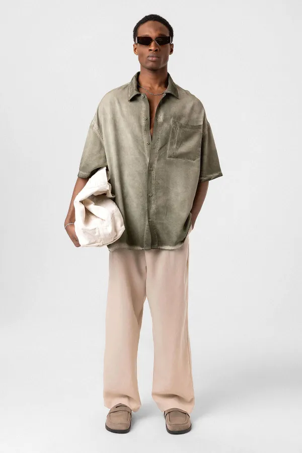 Yıkamalı Kısa Kollu Oversize Gömlek Haki