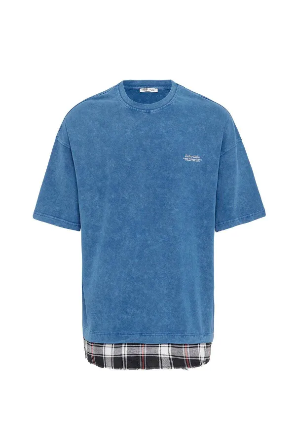 Yıkamalı Oversize Ekose Detaylı Tişört İndigo