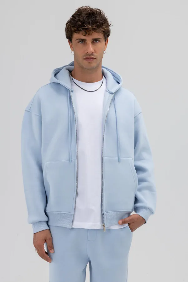 Basic Zip-Up Oversize Hooded Sweatshirt Baby Blue