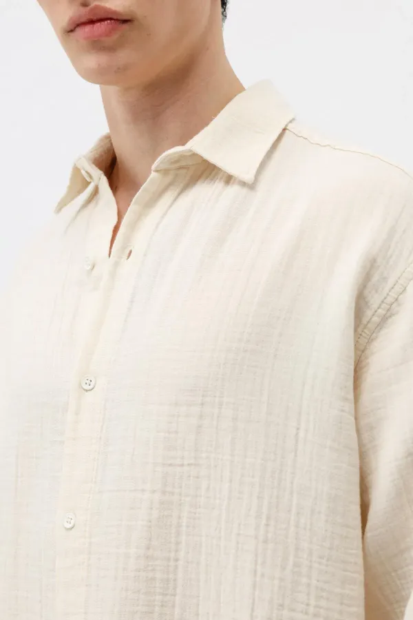 Dokulu Pamuklu Oversize Gömlek Naturel