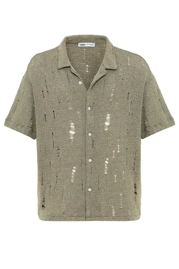 Oversize Deliklı Triko Gömlek Haki