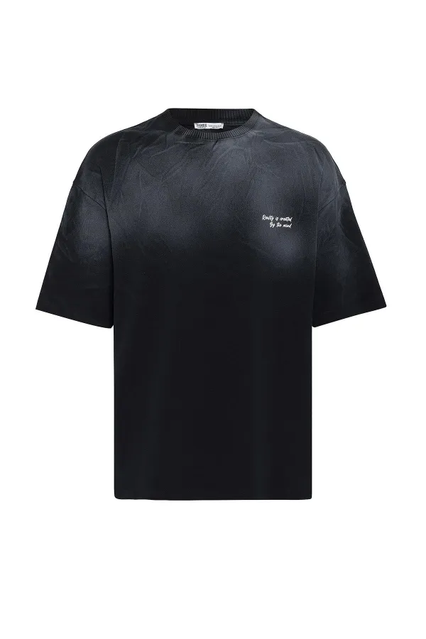 Yıkamalı Yazı Detaylı Oversize Tişört Siyah