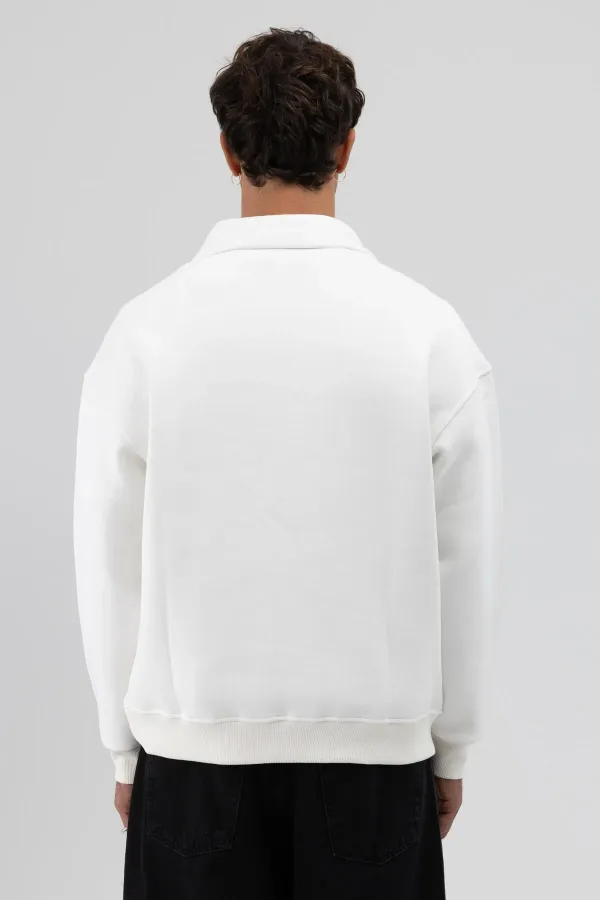 Oversize Zip-Up Stand-Up Collar Sweatshirt, Ecru