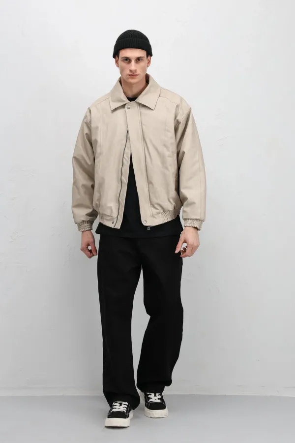 Blouson aviateur oversize en cuir couleur pierre