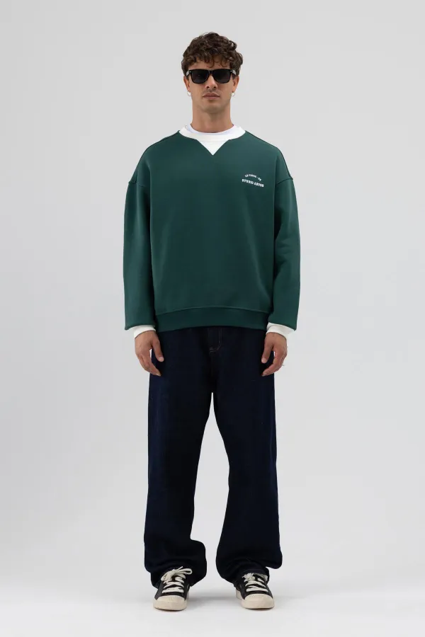 Oversize Bisiklet Yaka Baskılı Sweatshirt Nefti