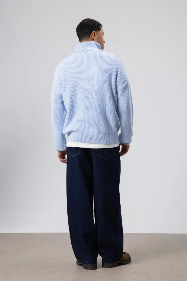 Yarım Fermuarlı Triko Kazak Bebe Mavi