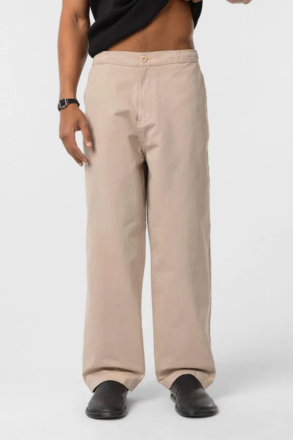 Yıkamalı Gabardin Baggy Pantolon Bej