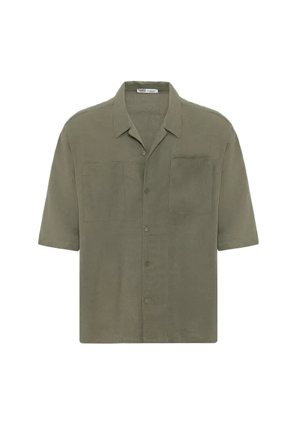 Double Pocket Oversize Linen Shirt Khaki