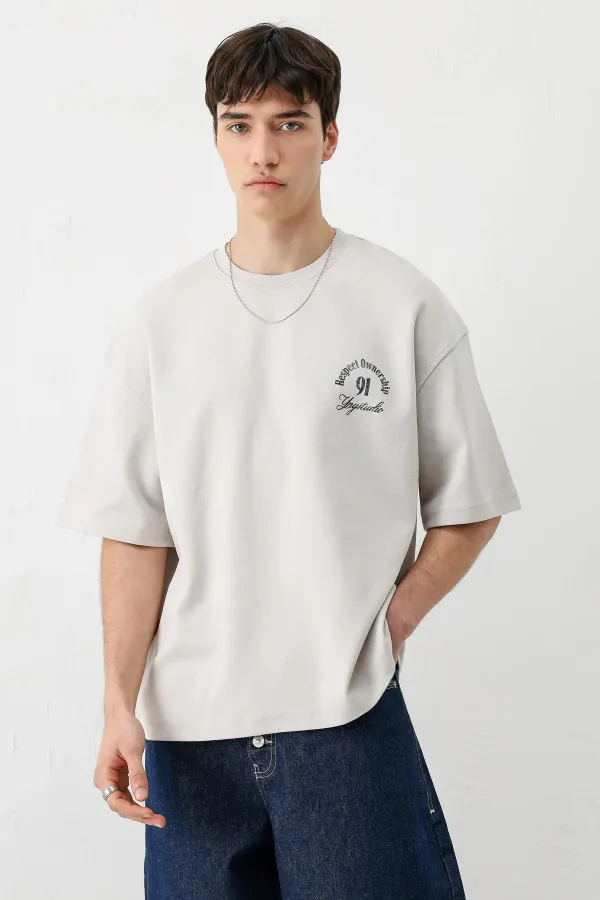 Kısa Kollu Boxy Fit Baskılı Tişört Ice Grı