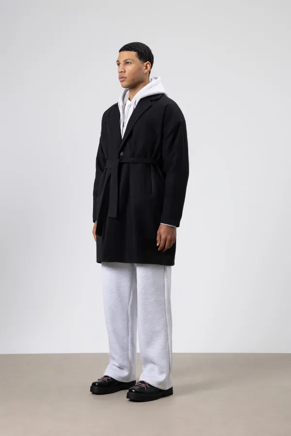 Kemerli Oversize Kaşe Kaban Siyah