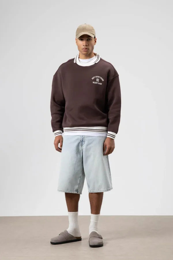 Oversize Yaka Nakış Detaylı Sweatshirt Kahve