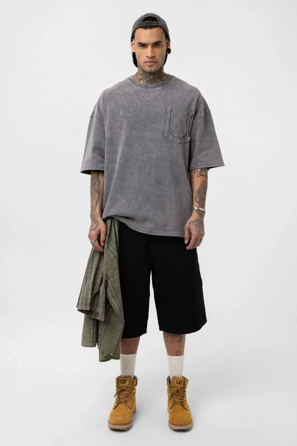 Yıkamalı Cep Detaylı Oversize Tişört Açık Füme