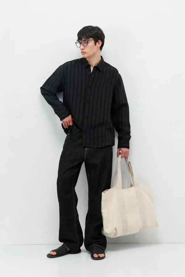 Çizgili Oversize Gömlek Siyah